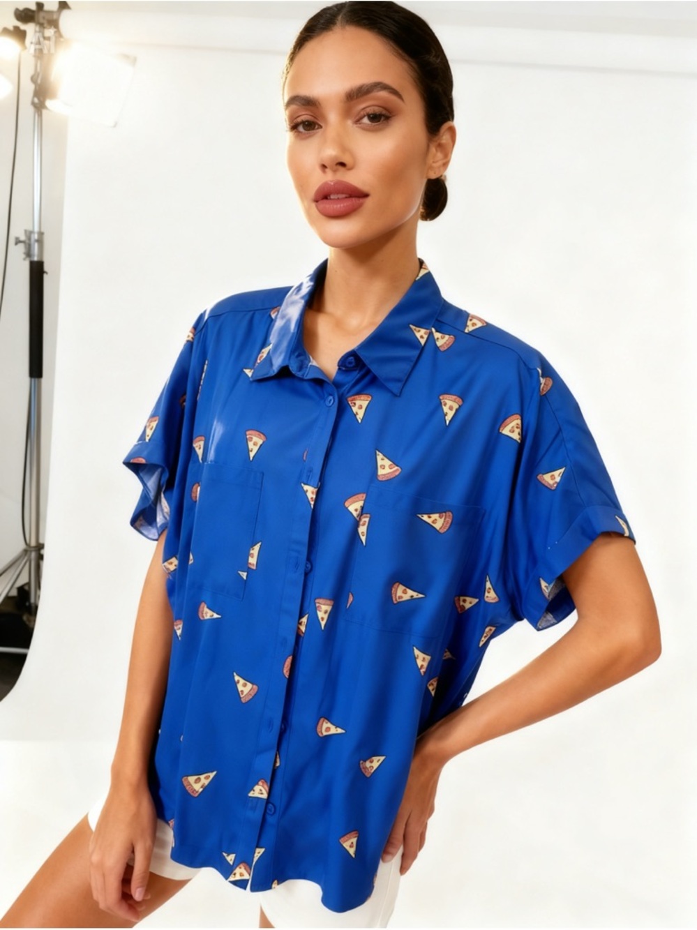 Women’s Short-Sleeve Pizza Print Button-Up Shirt - Royal Blue